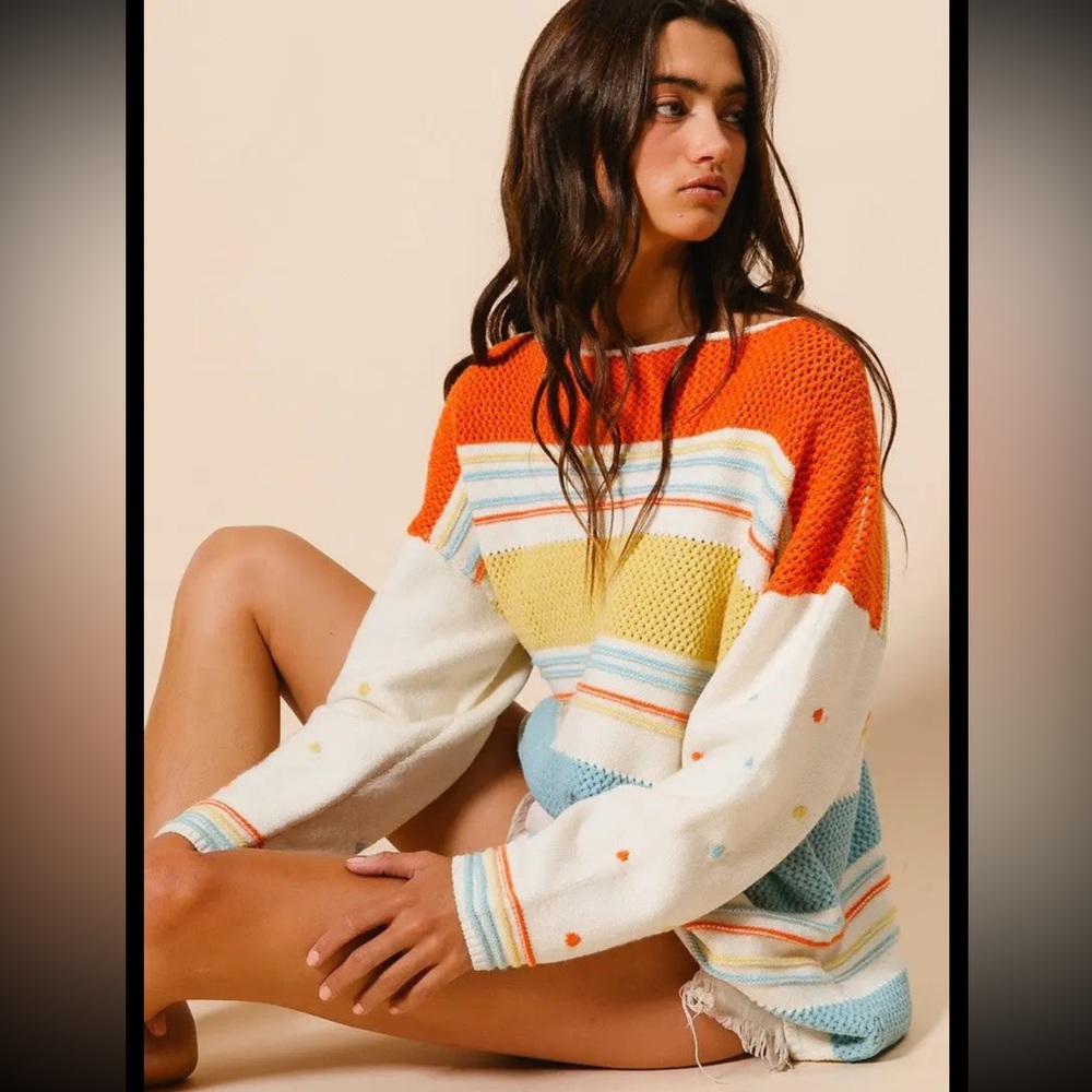 CROCHET STRIPE SWEATER TOP - Picture 6 of 7